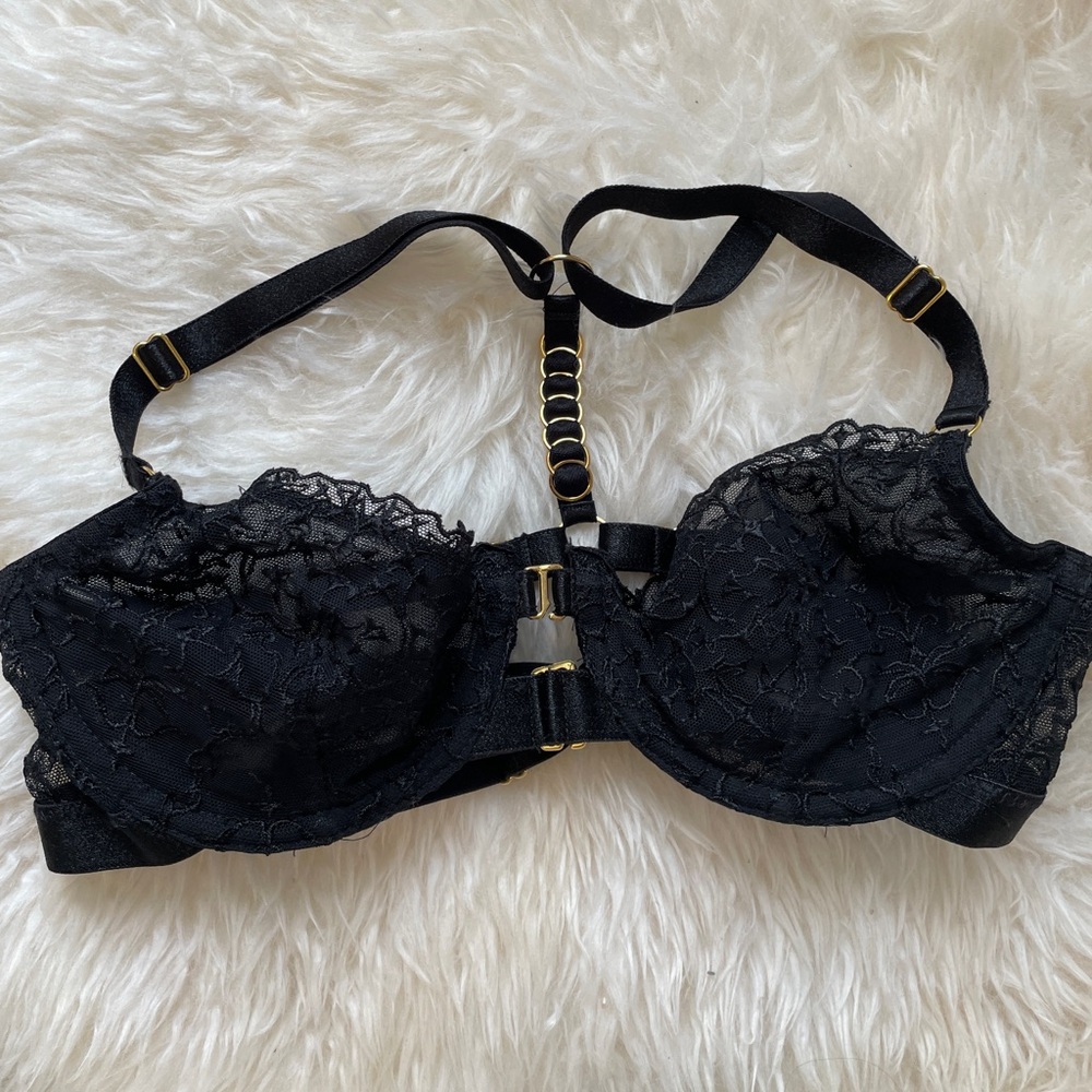 Rare Bordelle strappy front closure adjustable lace bra with 24k gold hardware